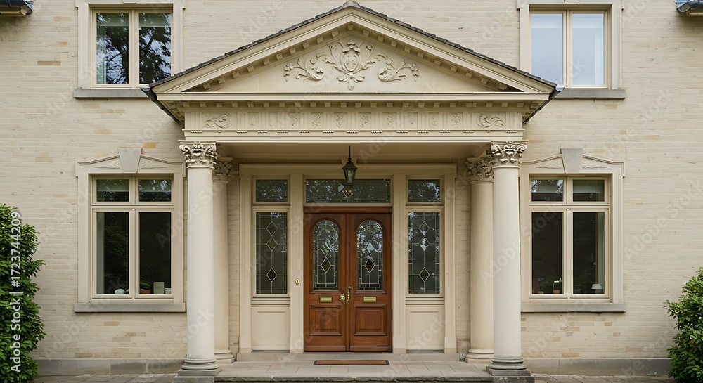 Obraz premium Front door and two windows with portico creating a beautiful design.