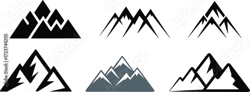 Set of different mountain peaks icons, an illustration of a black and gray rock silhouette, vector, isolated on white background