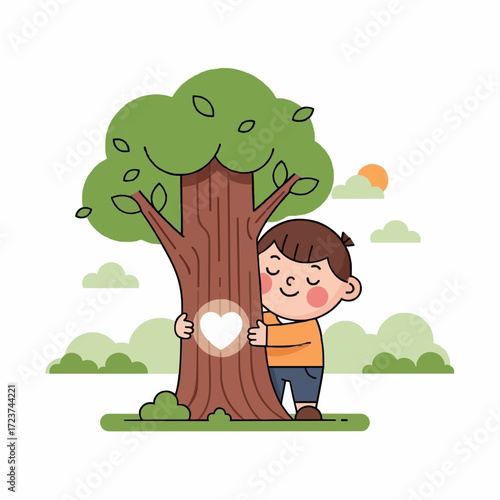A heartwarming cartoon of a child embracing a tree trunk with a heart icon, promoting environmental awareness and love for nature