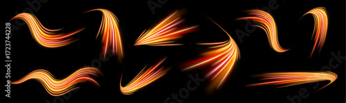 Abstract fire flare traces in orange and red create a sense of velocity and heat. The glowing effect mimics high-speed light trails. Perfect for futuristic or tech-themed visuals.