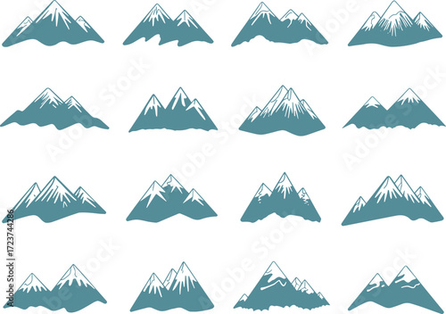 Set of different mountain peaks with snow, a collection of rock and hill vector illustrations, isolated on a white background
