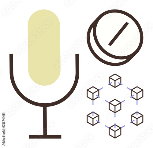 Microphone, pill, interconnected cubes represent communication, medicine, blockchain, innovation, and technology. Ideal for healthcare, science digital media data security tech progress