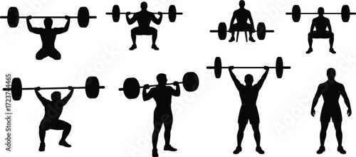 Set of different weightlifting workout silhouettes, an illustration of people training with barbells and dumbbells, isolated on a white background