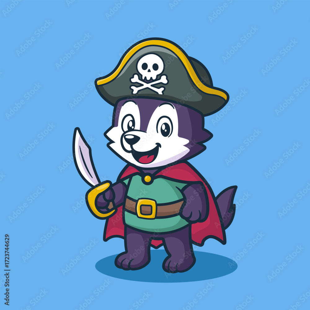 Obraz premium Cute Cartoon Wolf Dressed as Pirate Captain