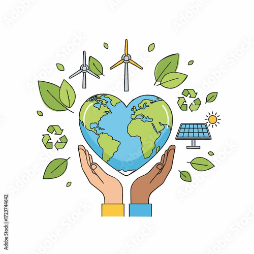 A conceptual illustration representing global love and care for the planet with renewable energy and sustainability symbols