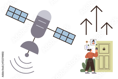 Satellite emitting signals alongside woman using biometric security at door with upward arrows. Ideal for technology, innovation, security, communication, data transfer, smart systems, futurism
