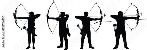 Silhouette of archers aiming with bows, compound and traditional archery poses, isolated on white background, flat vector illustration, sports concept