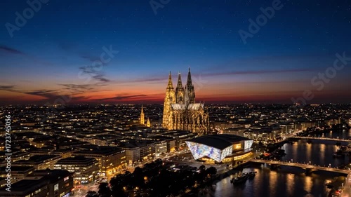 An aerial view captures the majestic cologne cathedral and the modern philharmonic hall illuminated at dusk, with the rhine river reflecting the vibrant sunset sky and city lights