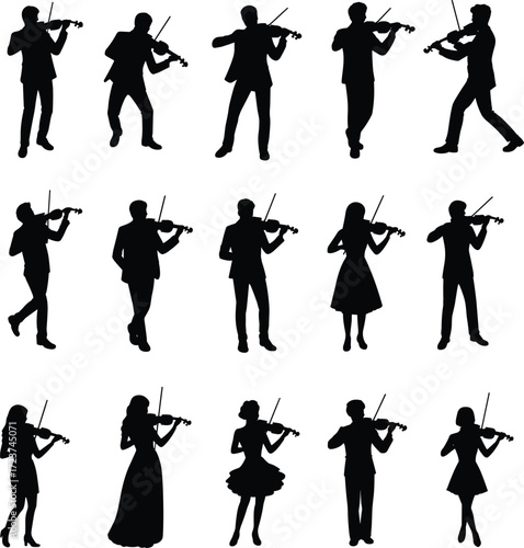 Violin Player Silhouette Vector Set, Orchestra Musician People Playing Fiddle Icon Collection, Black Shape of Man and Woman Classical Performer Graphic