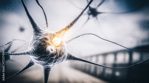 Close-up view of neurons showcasing their complex structure and connections, symbolizing brain activity and neurological science.