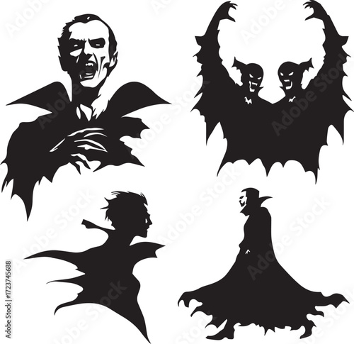 Vampire Silhouette Set Vector Illustration: Dracula, Bats, and Horror Creature Collection