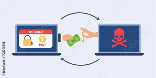 Businessman hand holding money banknote for paying the key from hacker for unlock computer folder got ransomware malware virus computer. Cybercrime concept