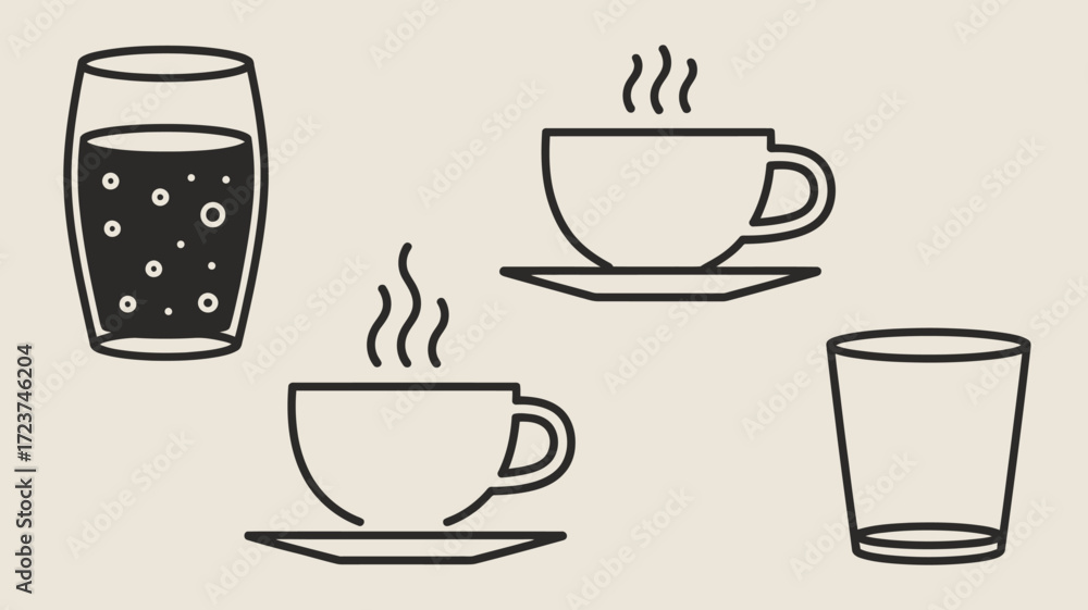 Obraz premium Glass and Cup Icons Minimalist Line Art Set for Beverage Brands