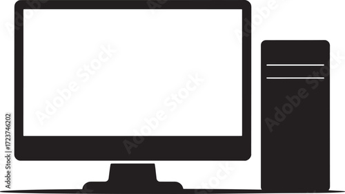 Silhouette of a desktop computer monitor and tower on a white background screen