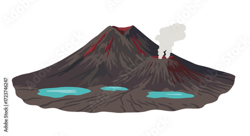 Volcanic Landscape with Lava Flows and Crater Smoke.