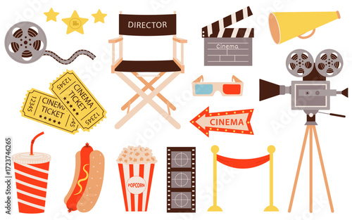 Cinematography and cinema set. Movie collection: camera, chair, ticket, soda, popcorn, 3D glasses, film reel and more.