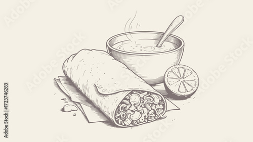 Burrito with Sauce and Lime - Delicious Mexican Food Illustration