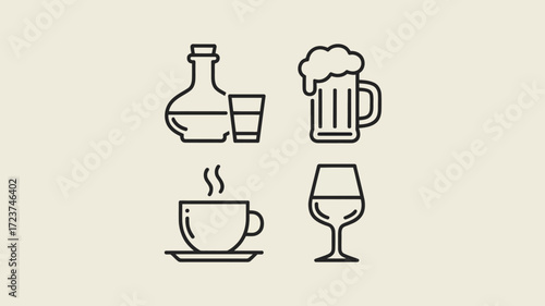 Drinks Icons Coffee, Wine, Beer, Alcohol - Line Art