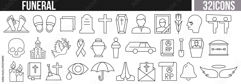 Fototapeta premium Collection of 32 funeral line icons including coffin, urn, cross, priest, grave, candles, flowers, and mourning symbols. Funeral line icons set. Mourning and remembrance outline vector collection.