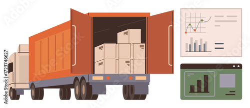 Freight truck unloading boxes, graphs displaying analytics, and dashboards showcasing data. Ideal for logistics, delivery, supply chain, efficiency, transportation, inventory and digital tracking