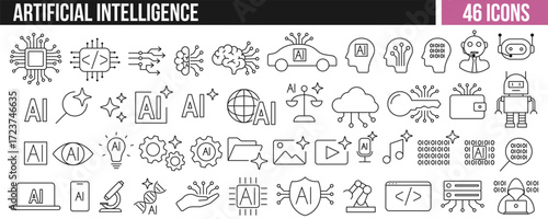 Collection of artificial intelligence line icons including robots, neural networks, AI text, cloud computing, coding, and machine learning elements.