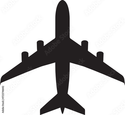 Silhouette of a passenger airplane viewed from above on white background Keywords: airplane, aircraft
