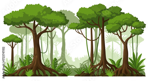 Lush Cartoon Jungle Scene with Trees and Vines.
