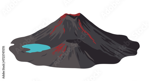 Illustrated Volcano with Lava Flow and Crater Lake.