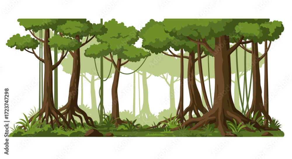 Obraz premium Lush Cartoon Jungle Scene with Dense Green Canopy and Exposed Roots.