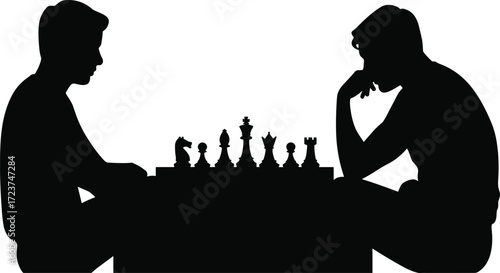 Two people playing chess game, strategy competition, thinking challenge, board game silhouette, concentration focus, intellectual activity, chess players, black vector illustration