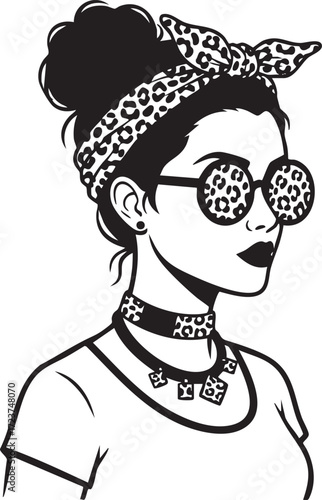 Stylish Woman with Messy Bun, Leopard Print Bandana, and Sunglasses Vector Illustration
