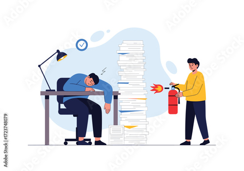Overworked employee is asleep at desk with a huge stack of papers and a colleague is using a fire extinguisher.
