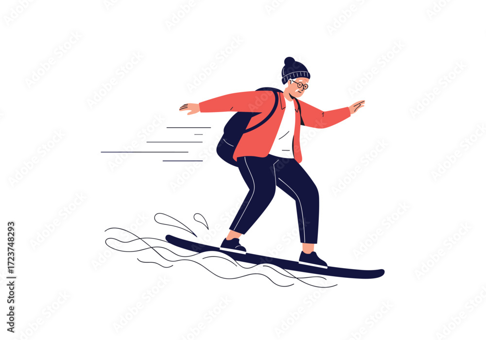 Obraz premium Young person rides a snowboard down a snowy slope with a backpack on.