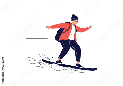 Young person rides a snowboard down a snowy slope with a backpack on.