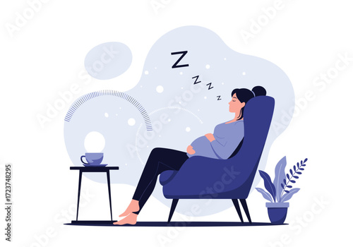 Pregnant woman resting peacefully on a comfortable chair while sleeping.