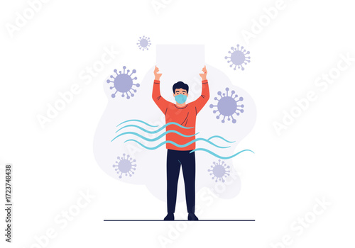 A person wearing a mask holds up a blank sign surrounded by airborne virus particles and waves representing air circulation.