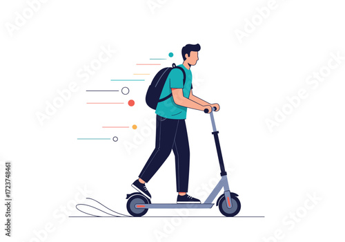 Young man riding an electric scooter on the street in the city.