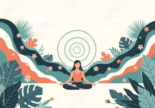 Woman meditating in nature surrounded by calming waves and plants.