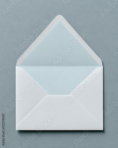 Open white paper envelope against a simple grey background for communication.
