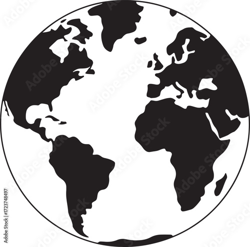 Stylized black and white illustration of planet Earth globe world