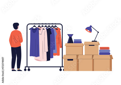 Clothing donation and moving boxes for items.