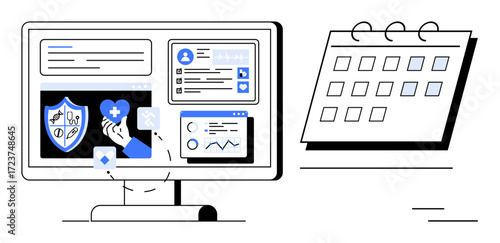 Computer screen displaying healthcare tools, icons, graphs, patient profiles, and a calendar beside it. Ideal for telemedicine, data management, appointment scheduling, patient care medical