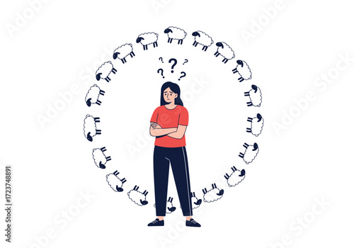 A confused person stands surrounded by a circle of sheep with question marks above her head.