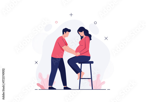 A man lovingly touches his pregnant partner's belly indicating support.