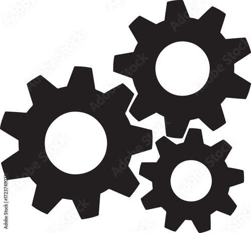 Three interlocking black gears on a white background cogs machinery