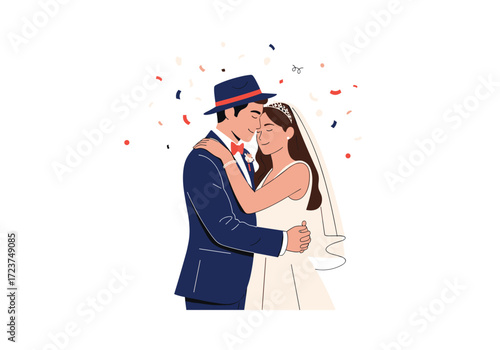Happy couple celebrating their special wedding day surrounded by confetti.