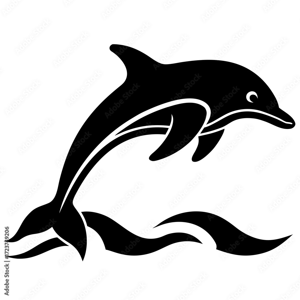 Obraz premium Black silhouette of a dolphin jumping over waves on a white background art