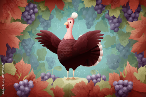 a cartoonish turkey standing amongst autumn leaves and grapes