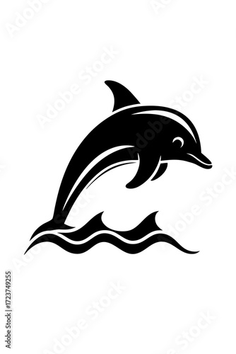 Black and white graphic of a dolphin jumping over stylized ocean waves design