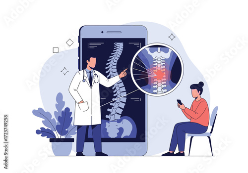 Doctor showing spine x-ray on a mobile phone screen to a patient.